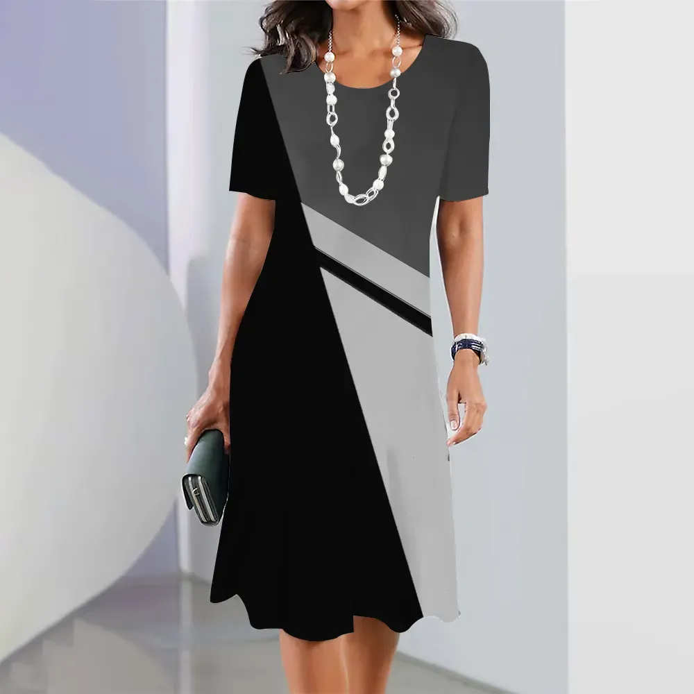 Robe mi-longue à manches courtes à bloc de couleurs géométrique pour femme