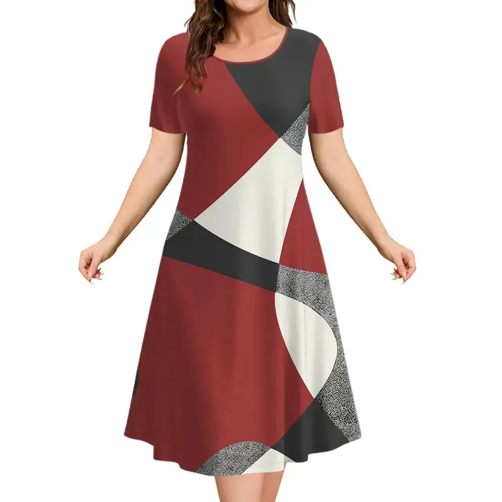 Robe mi-longue à manches courtes à bloc de couleurs géométrique pour femme