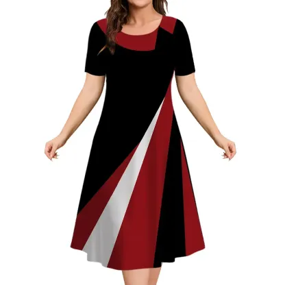 Robe mi-longue à manches courtes à bloc de couleurs géométrique pour femme