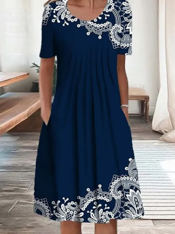 Robe à col rond manches courtes imprimé floral pour femme