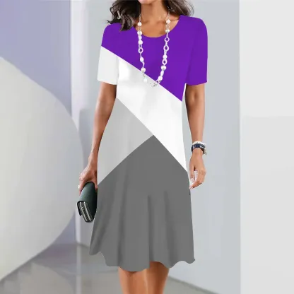 Robe mi-longue à manches courtes à bloc de couleurs géométrique pour femme