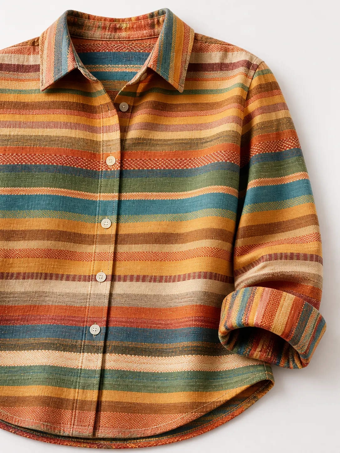 Printed Stripe Shirt - Collar, Button Placket and Roll-Up Cuff Detail