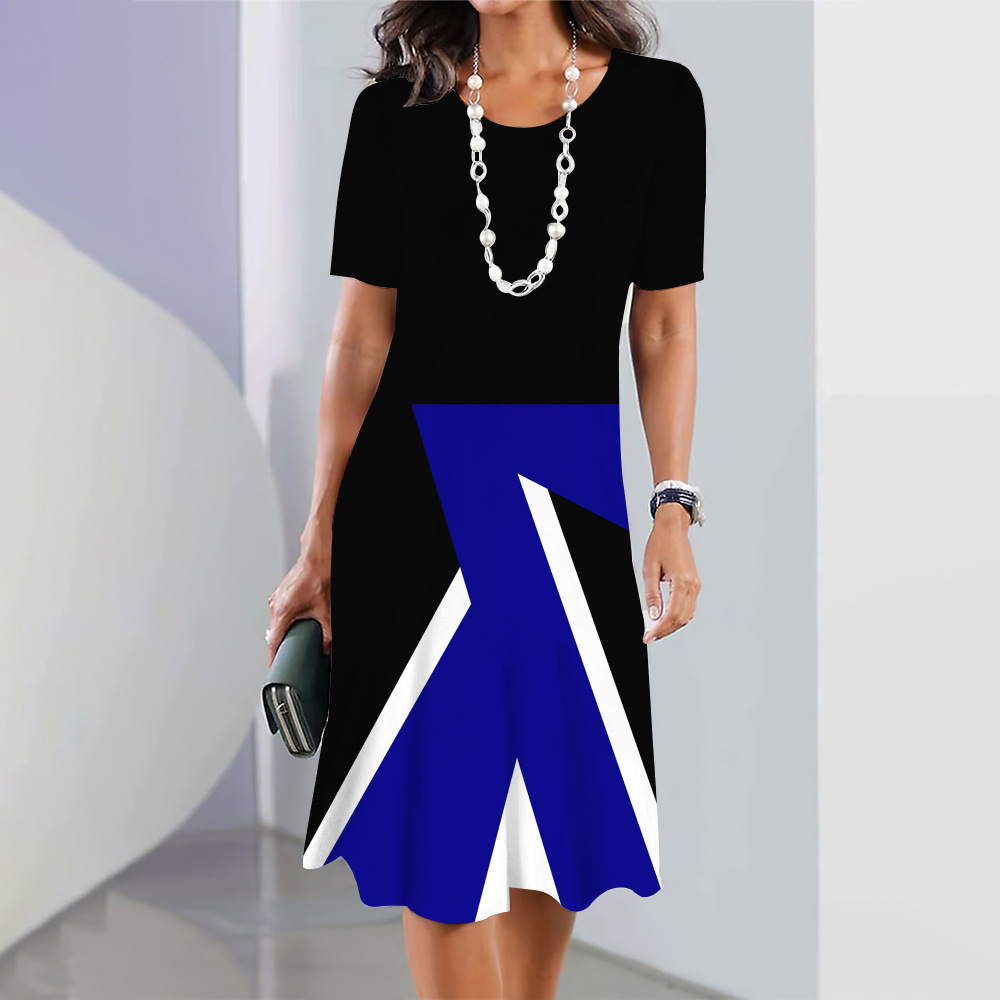 Robe mi-longue à manches courtes à bloc de couleurs géométrique pour femme