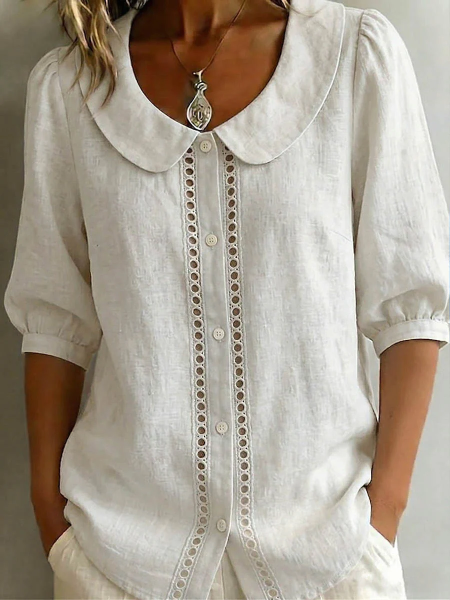 Femmes Couleur unie Col Peter Pan 3/4-sleeve Décontracté Ample Coton-lin Chemise