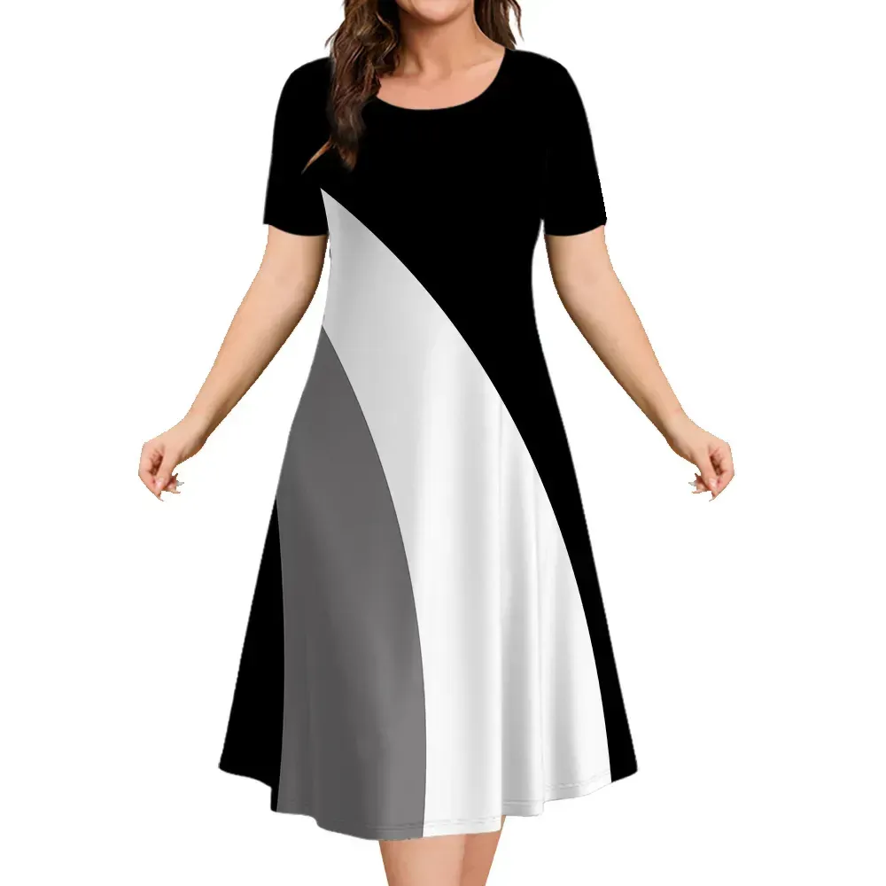 Robe mi-longue à manches courtes à bloc de couleurs géométrique pour femme