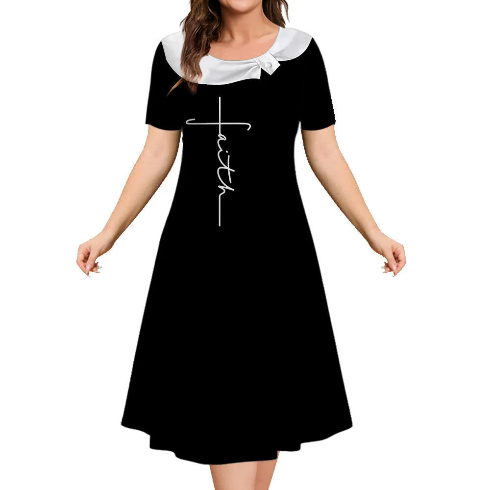 Robe mi-longue à manches courtes à bloc de couleurs géométrique pour femme