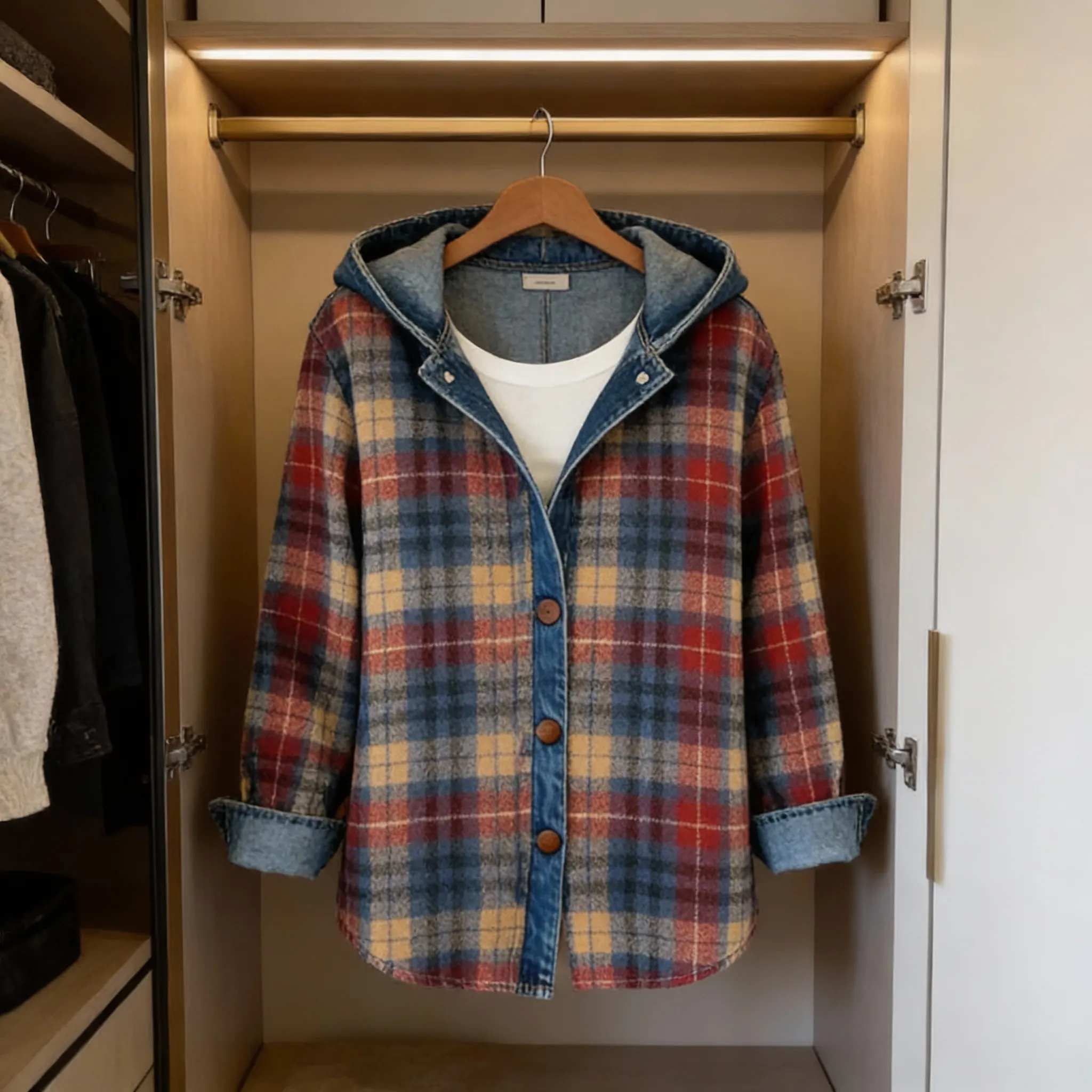 Achteraanzicht van de ruiten denim hoodie die de pasvorm toont