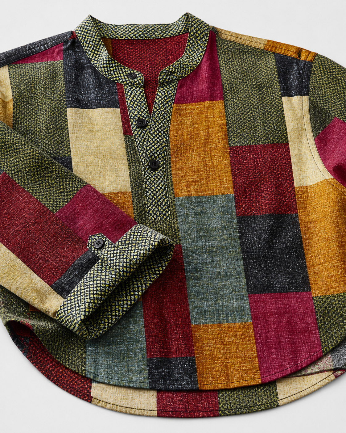 Patchwork Plaid Shirt - Collar, Button Placket, Cuff and Hem Detail