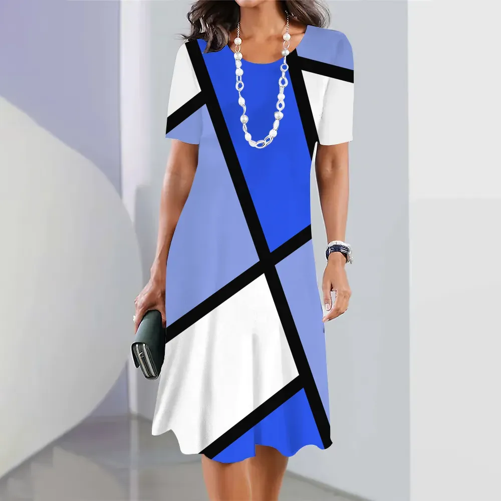 Robe mi-longue à manches courtes à bloc de couleurs géométrique pour femme