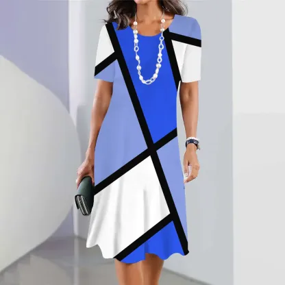 Robe mi-longue à manches courtes à bloc de couleurs géométrique pour femme