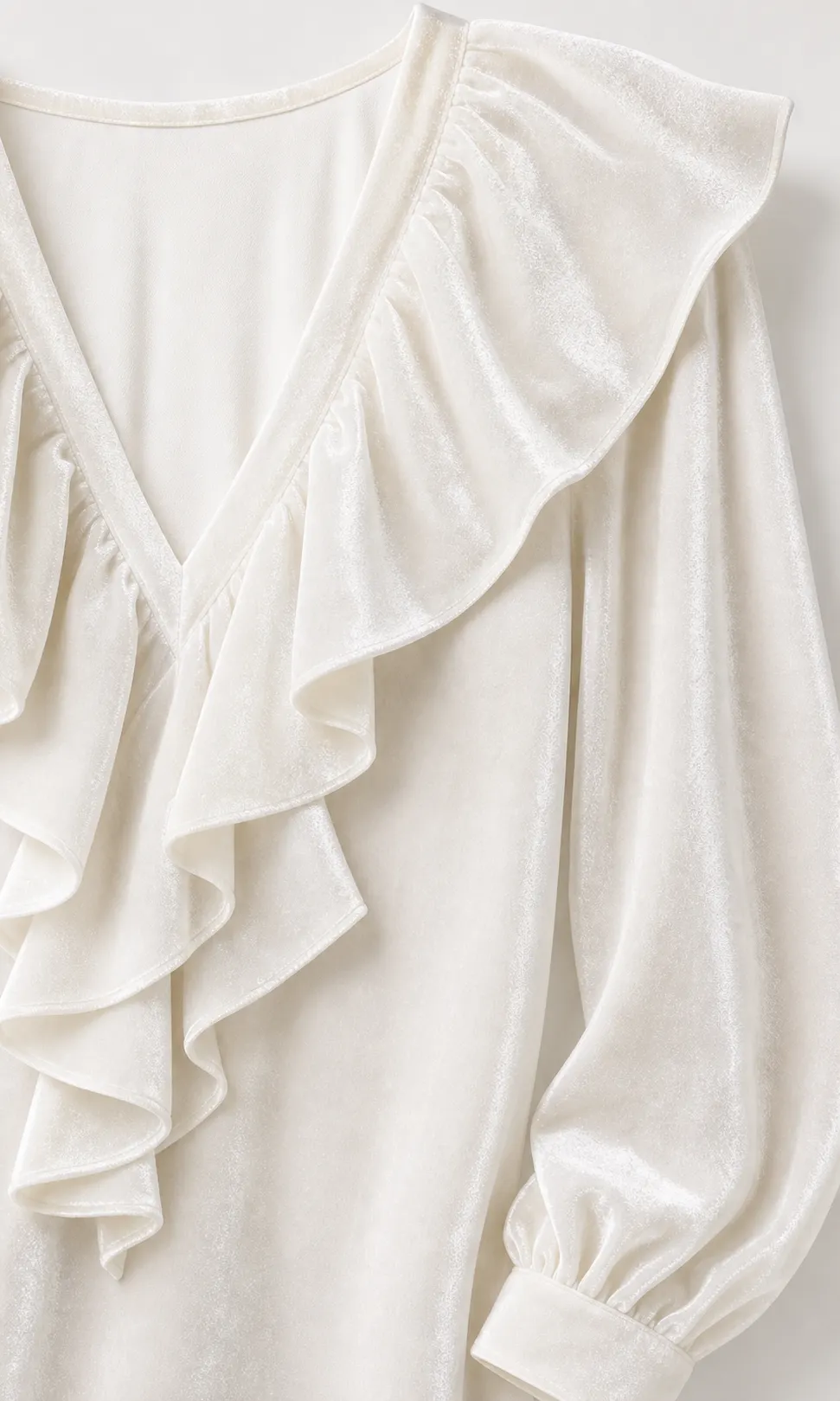 Velvet V-Neck Ruffle Layers and Gathered Cuff Detail