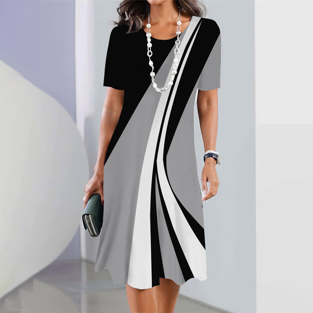 Robe mi-longue à manches courtes à bloc de couleurs géométrique pour femme