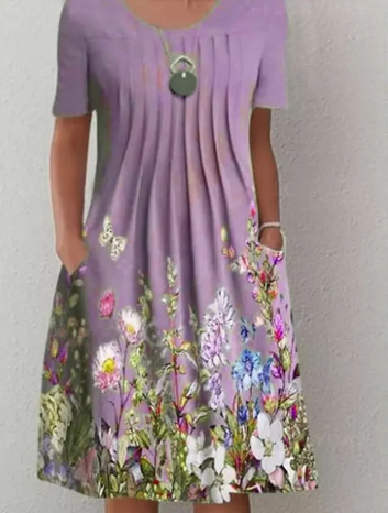 Robe à col rond manches courtes imprimé floral pour femme