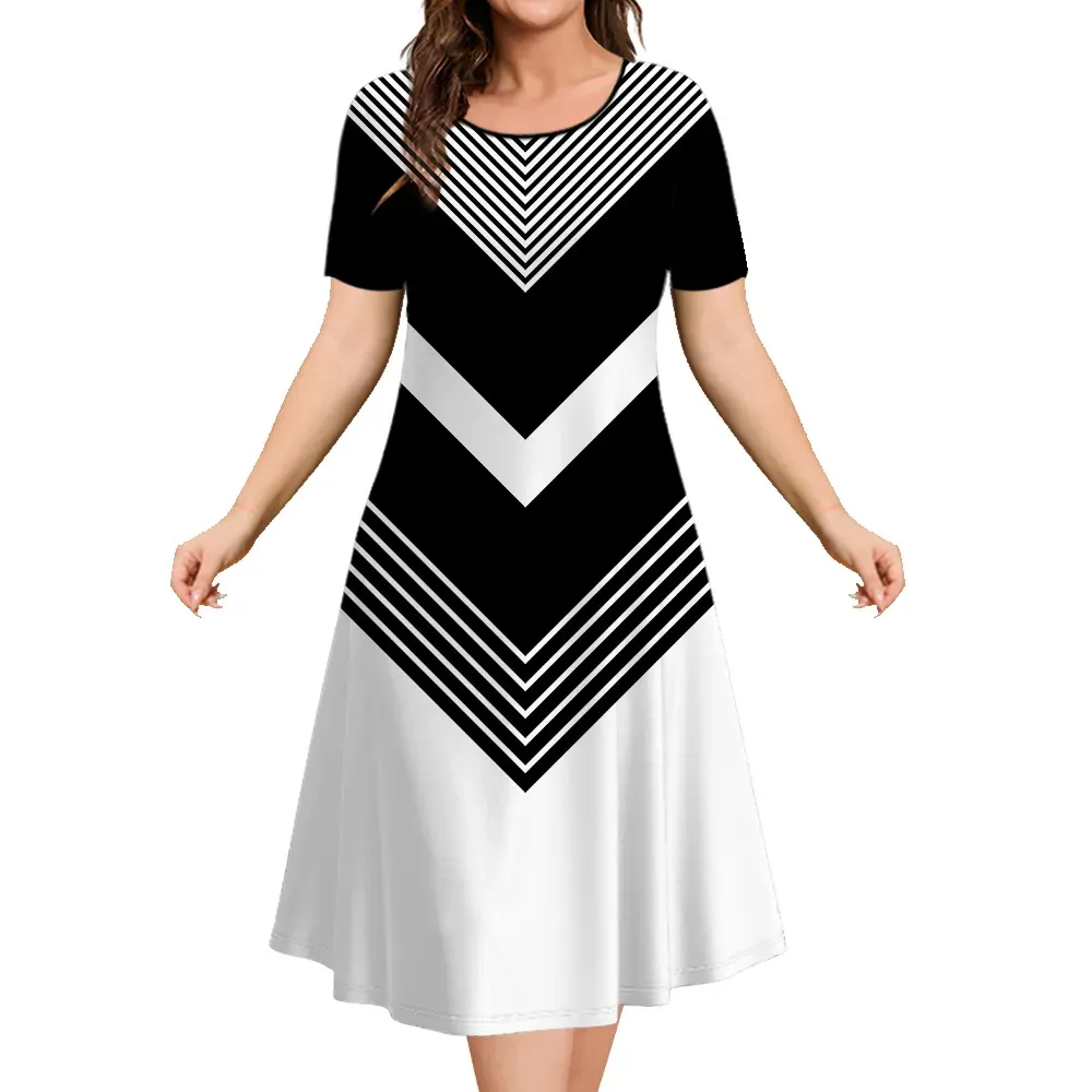 Robe mi-longue à manches courtes à bloc de couleurs géométrique pour femme