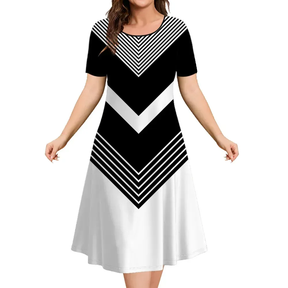 Robe mi-longue à manches courtes à bloc de couleurs géométrique pour femme