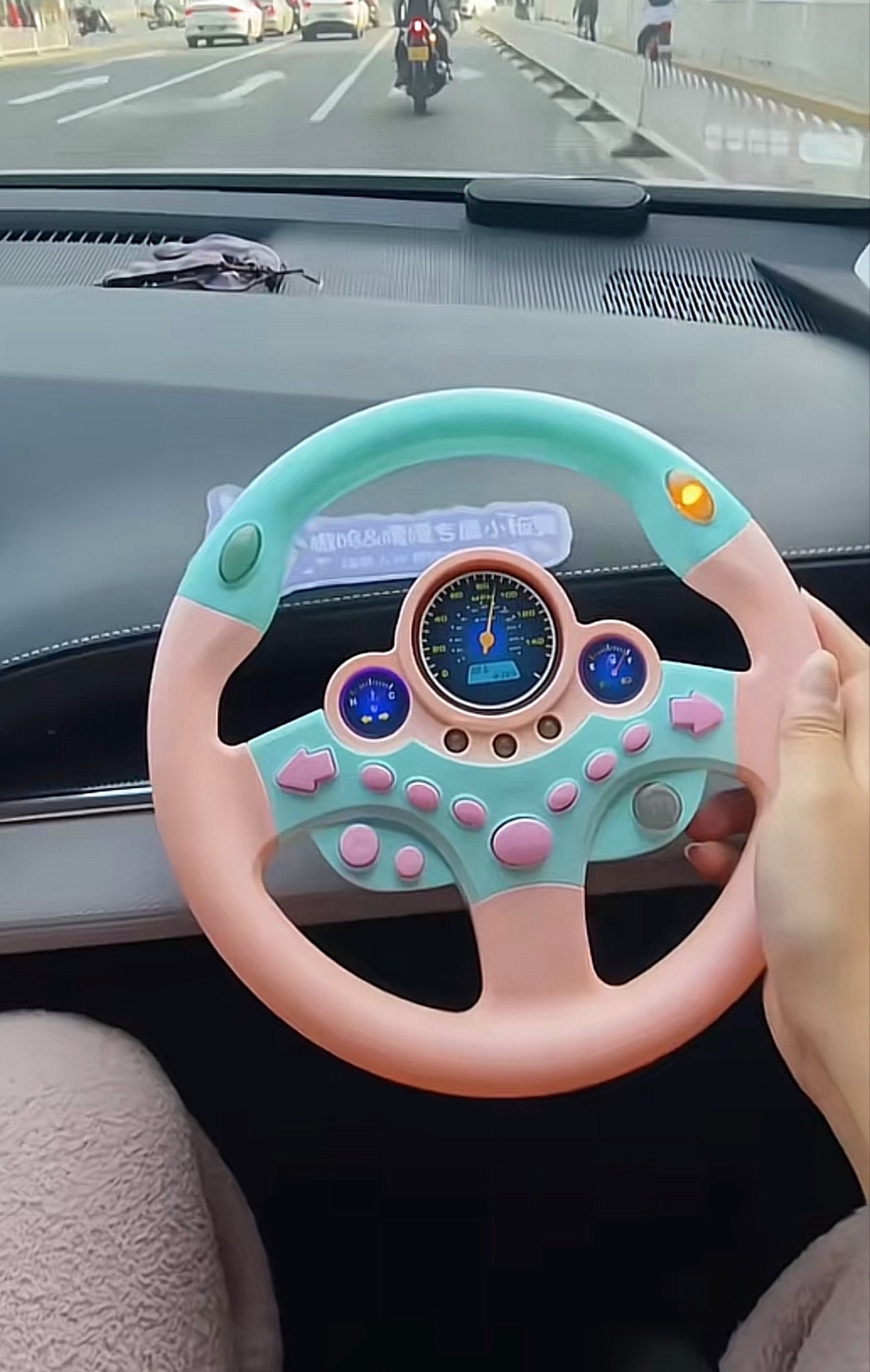 Funny co-pilot enlarged steering wheel push car Driving