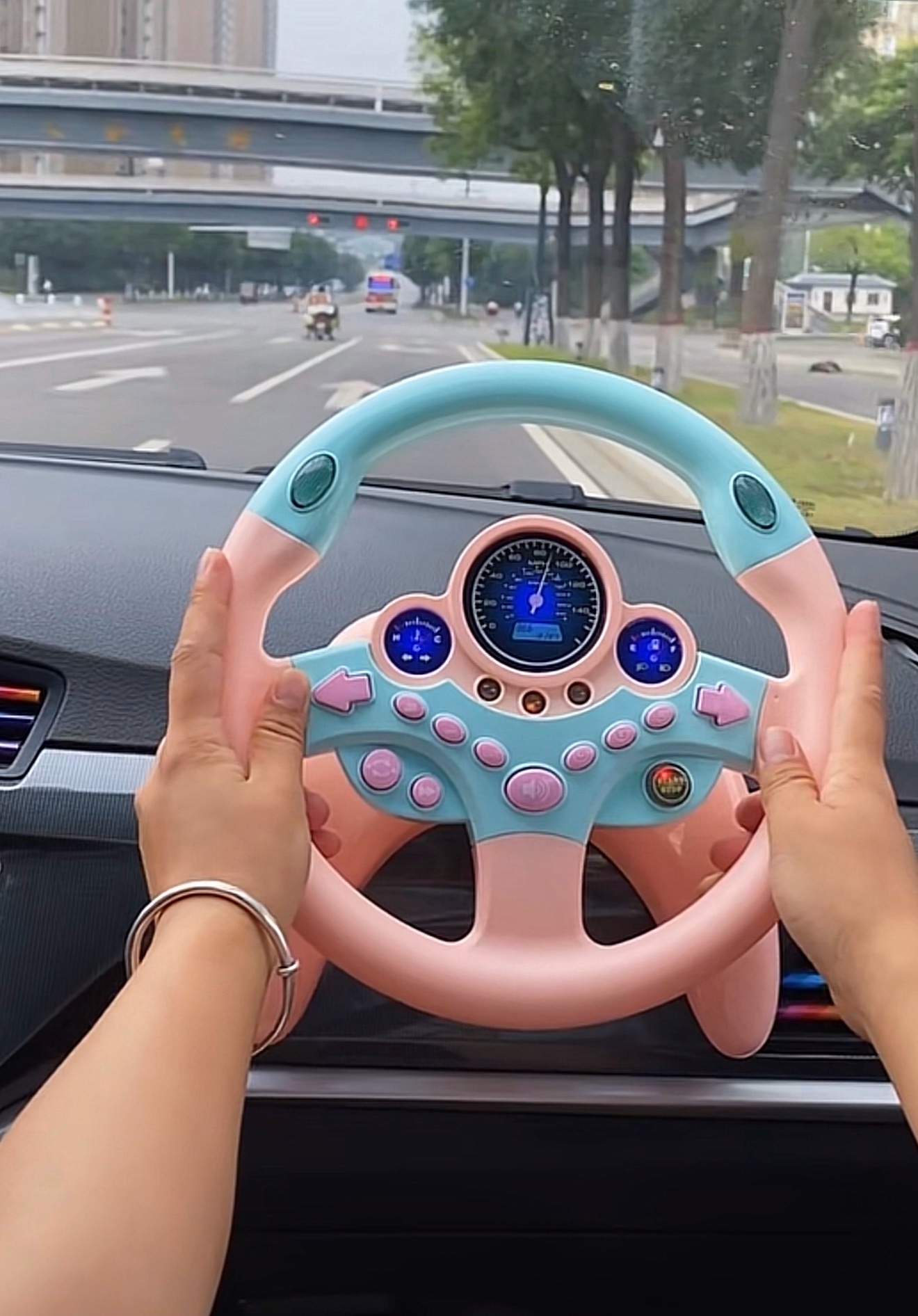 Funny co-pilot enlarged steering wheel push car Driving
