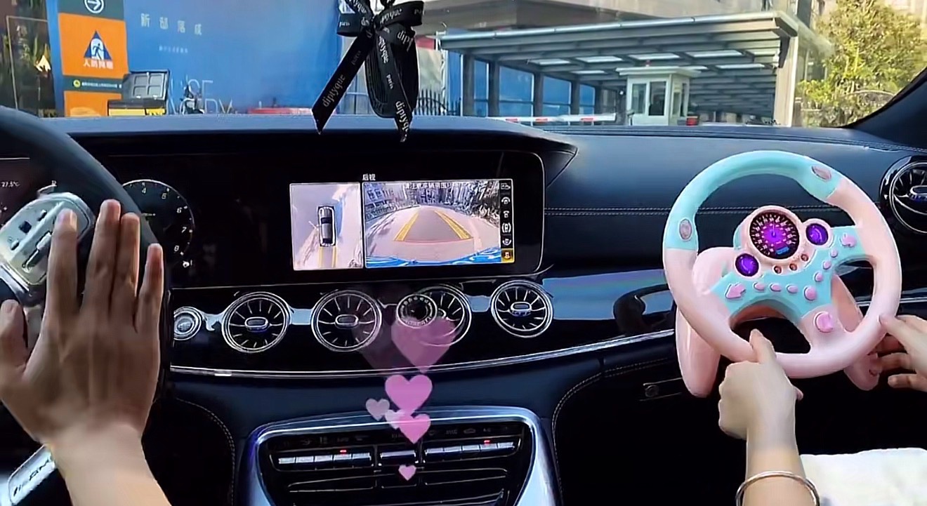 Funny co-pilot enlarged steering wheel push car Driving