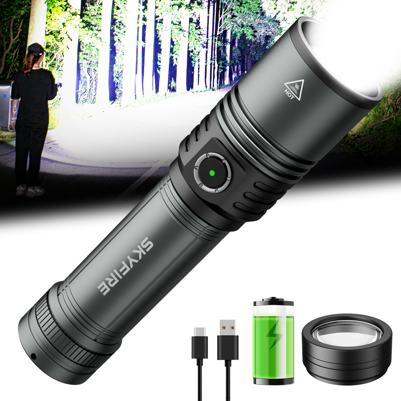 SKYFIRE 2014J Rechargeable Zoomable LED Flashlight - Tactical, Waterproof, 5 Modes for Emergency & Outdoor Use - 5,000 Lumens