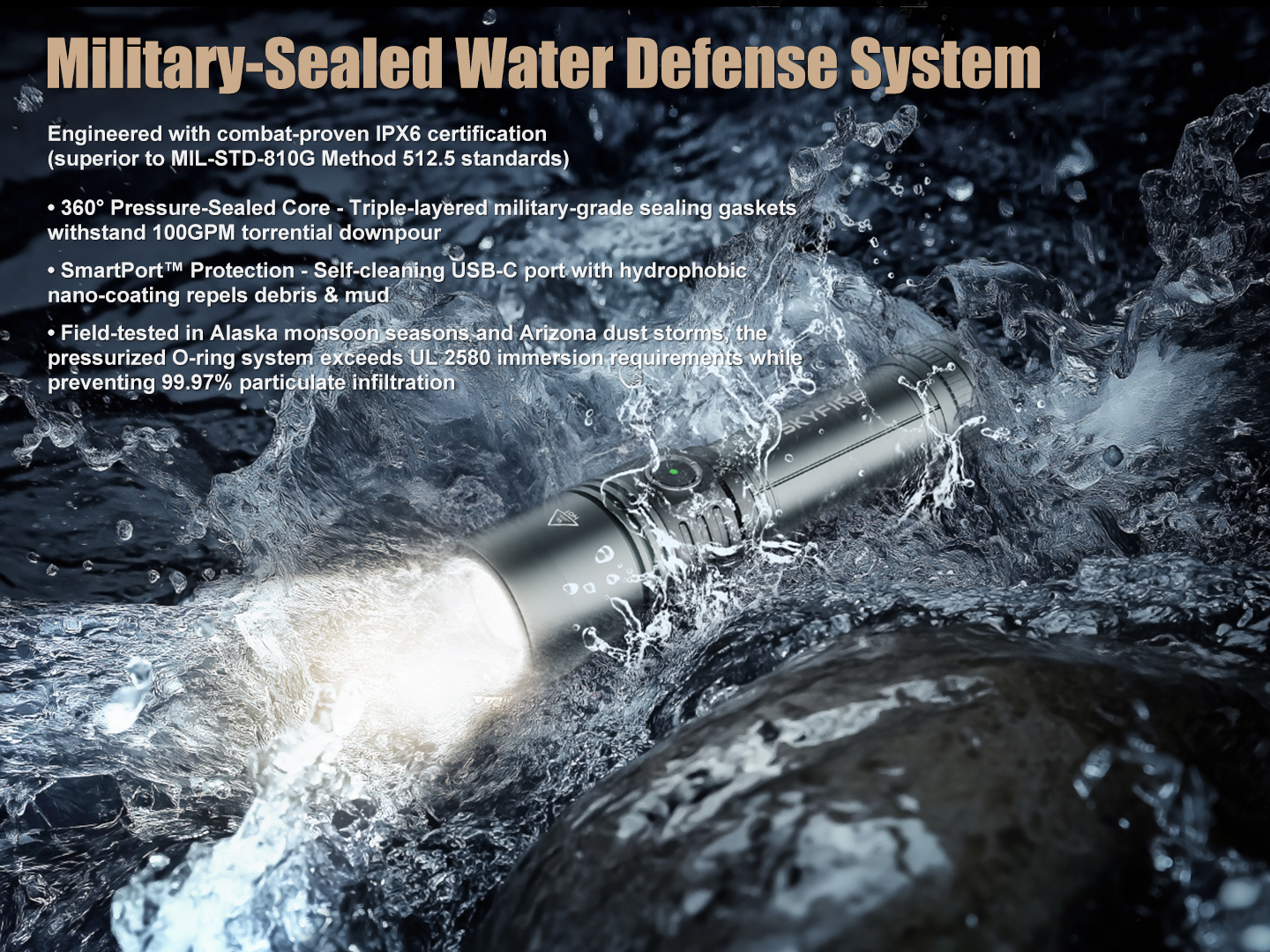 SKYFIRE 2014J Rechargeable Zoomable LED Flashlight - Tactical, Waterproof, 5 Modes for Emergency & Outdoor Use - 5,000 Lumens