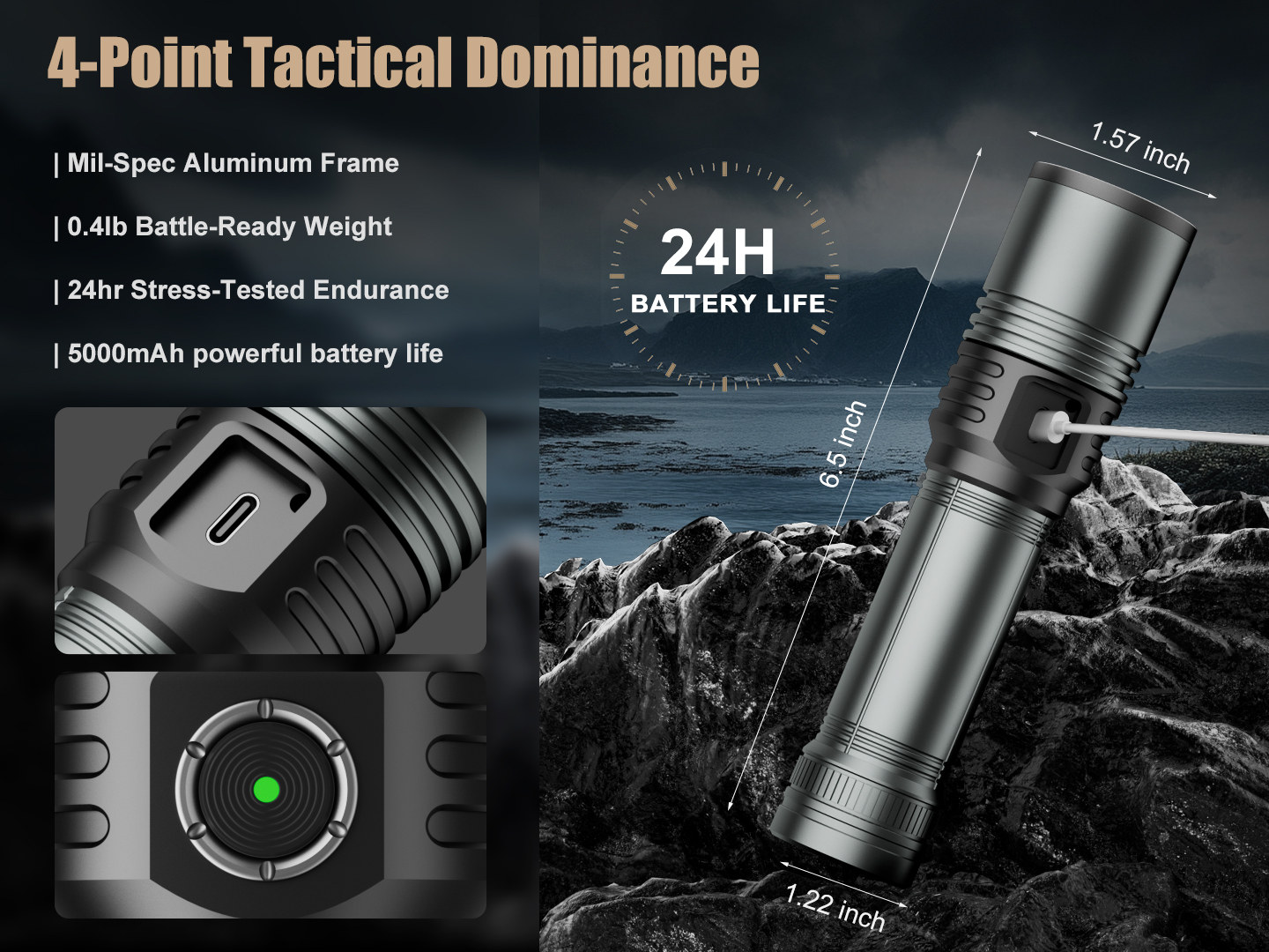 SKYFIRE 2014J Rechargeable Zoomable LED Flashlight - Tactical, Waterproof, 5 Modes for Emergency & Outdoor Use - 5,000 Lumens