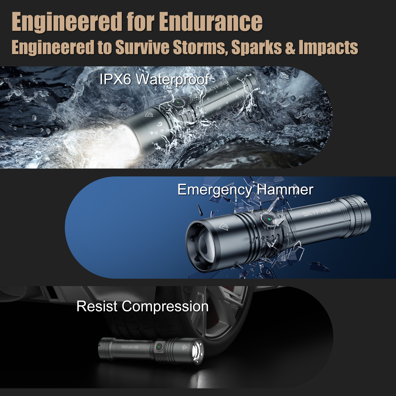 SKYFIRE 2014J Rechargeable Zoomable LED Flashlight - Tactical, Waterproof, 5 Modes for Emergency & Outdoor Use - 5,000 Lumens