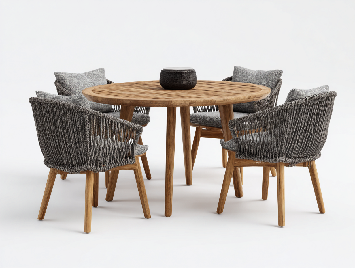 Garten Essgarnituren Holz Seil 120x120x75 cm Natur-Grau - Rundtisch Set - Modernes Design für Garten Terrasse-Sazoahome