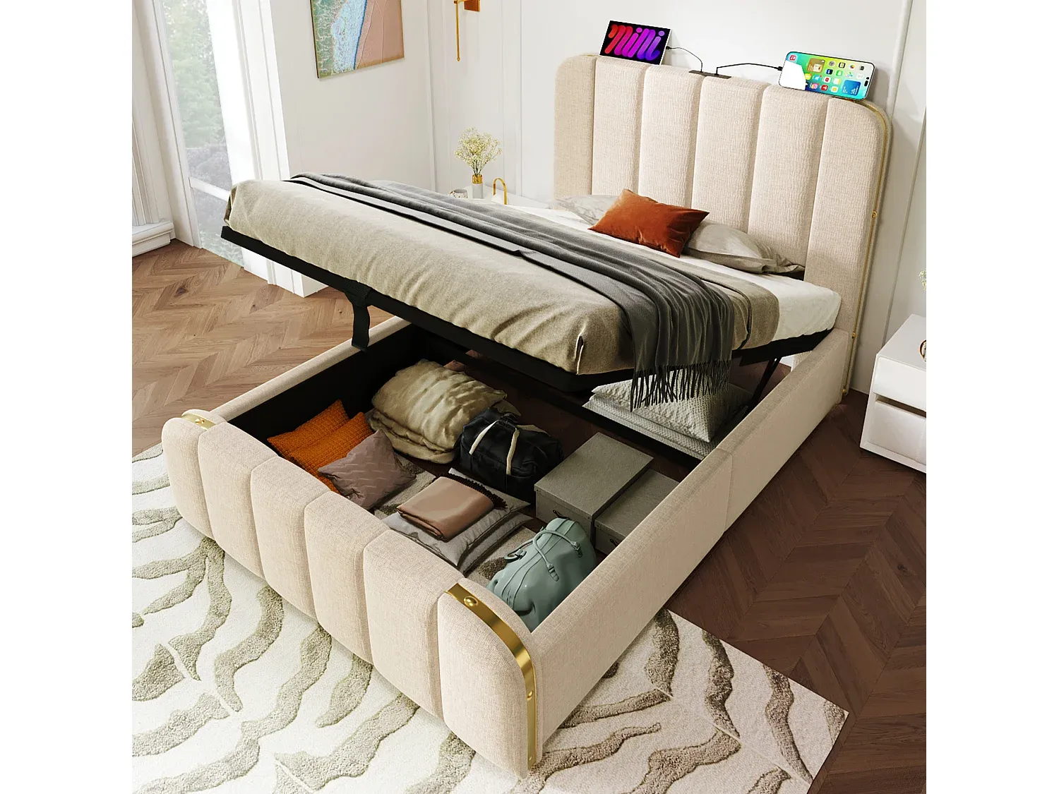 Stauraumbett 90 x 200 cm mit Kopfteil und USB-C-Anschluss-Livavine