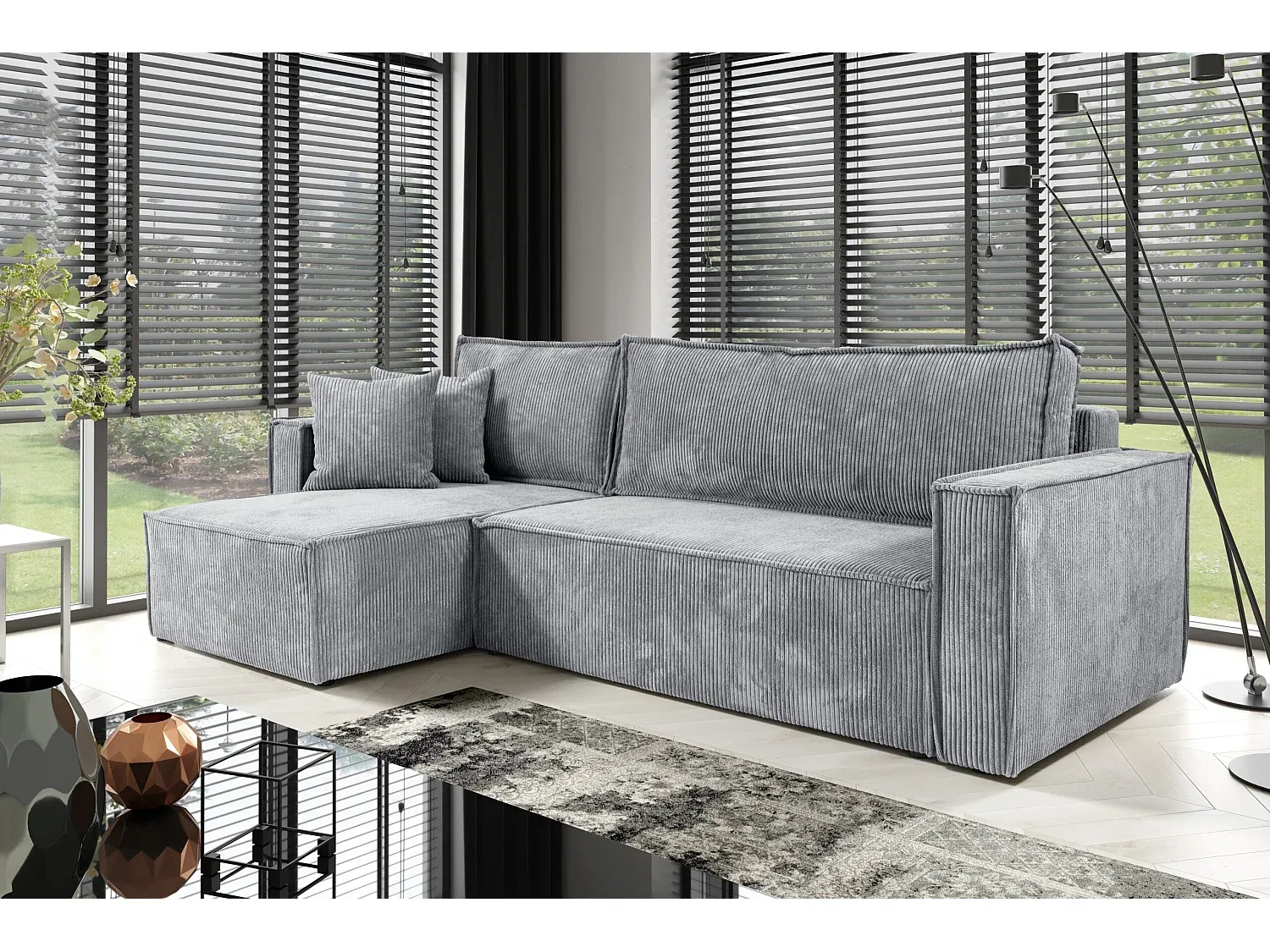 Ecksofa aus Samtstoff in Grau, umwandelbar-Livavine