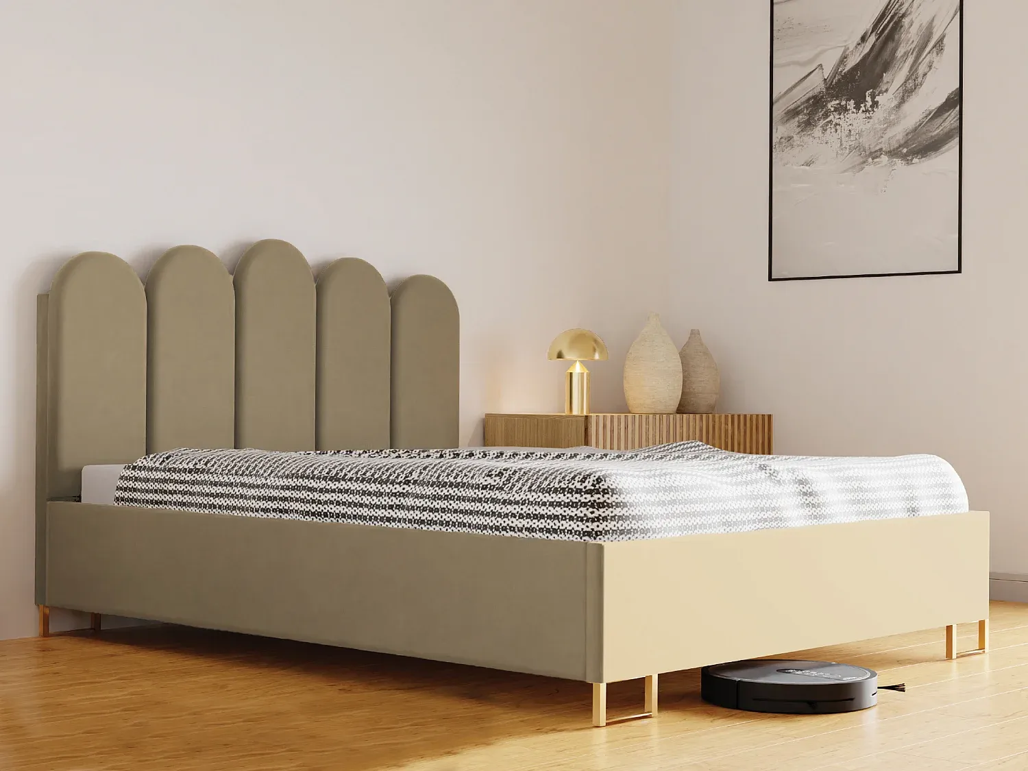 Gepolstertes Bett mit Stauraum und Gasdruckfeder, Beige, 160x200 cm-Livavine