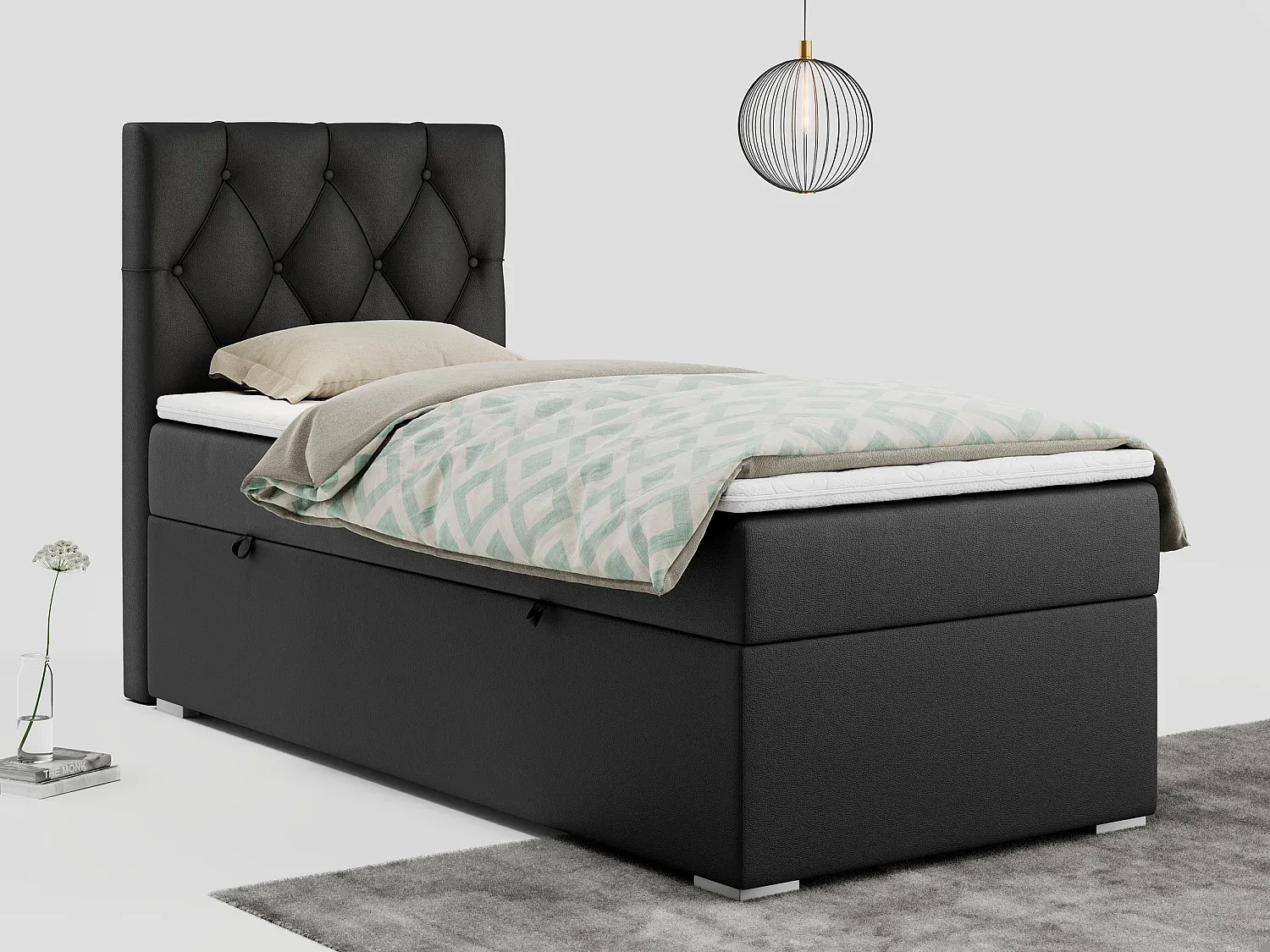 Boxspringbett Einzelbett mit Kopfteil und Bettkasten, 90x200 cm, Kunstleder Schwarz-Livavine