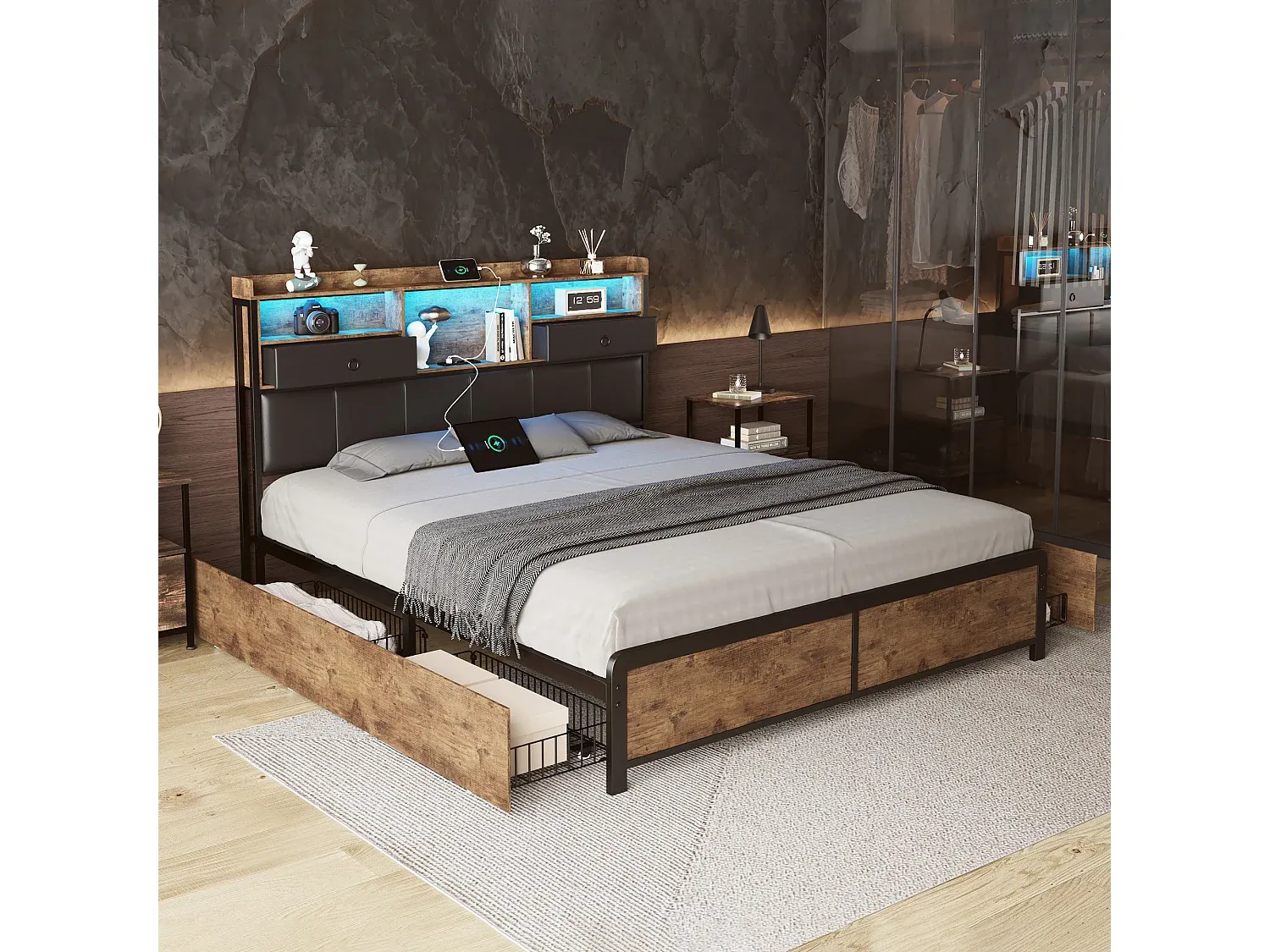 Modernes Metallbett mit LED-Beleuchtung und Schubladen, 140x200 cm, Schwarz-Livavine