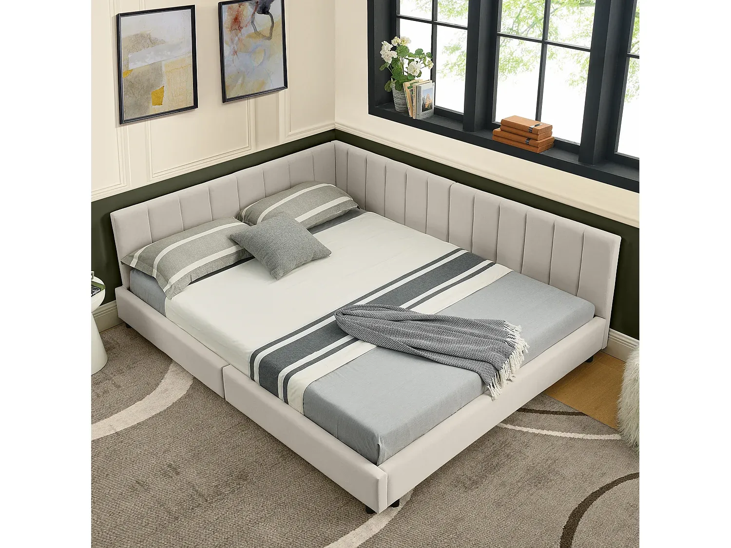 Samt-Doppelbett mit hohem Kopfteil, ideal für Schlafzimmer oder geräumige Wohnung – Beige-Livavine