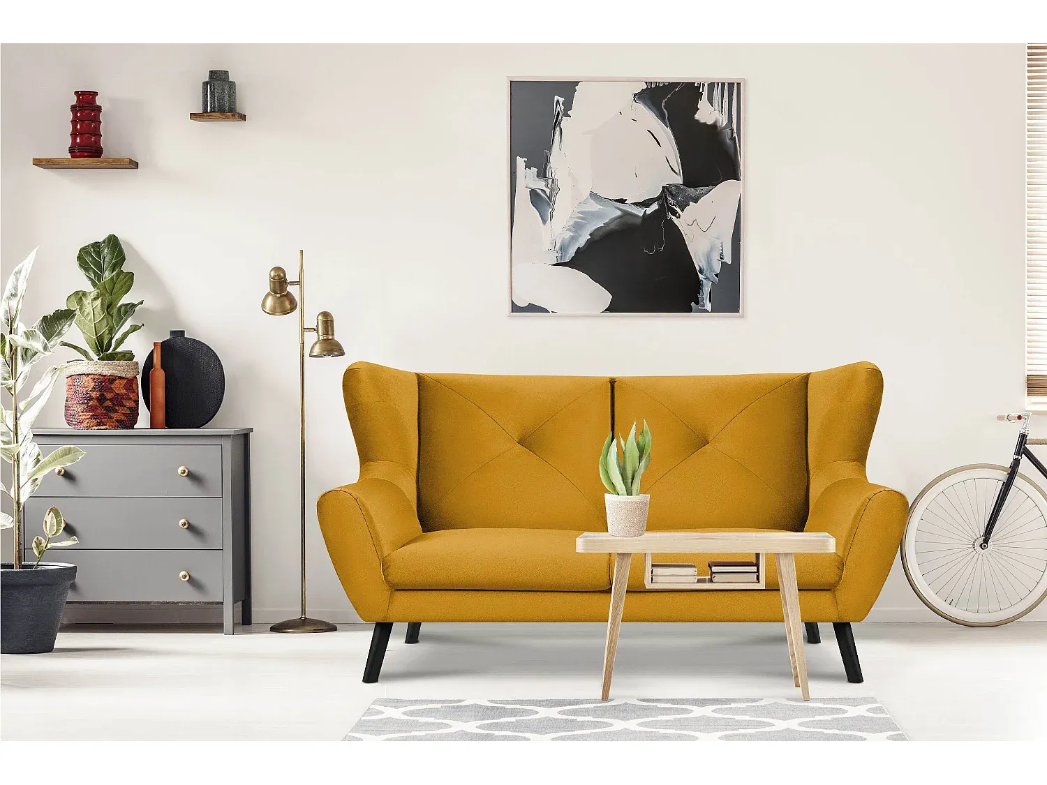 Gelbes Samtsofa für das Wohnzimmer mit drei Sitzplätzen-Livavine