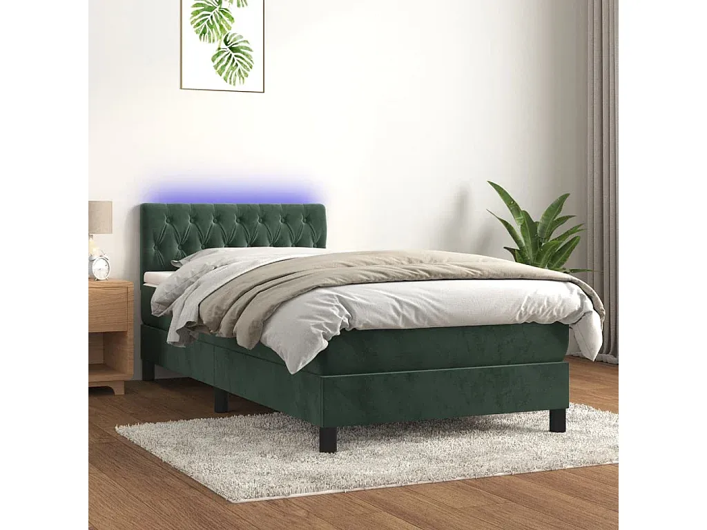 Elegantes Boxspringbett mit LED und Matratze, Dunkelgrün, 90x200 cm, Samt für Schlafzimmer-Livavine