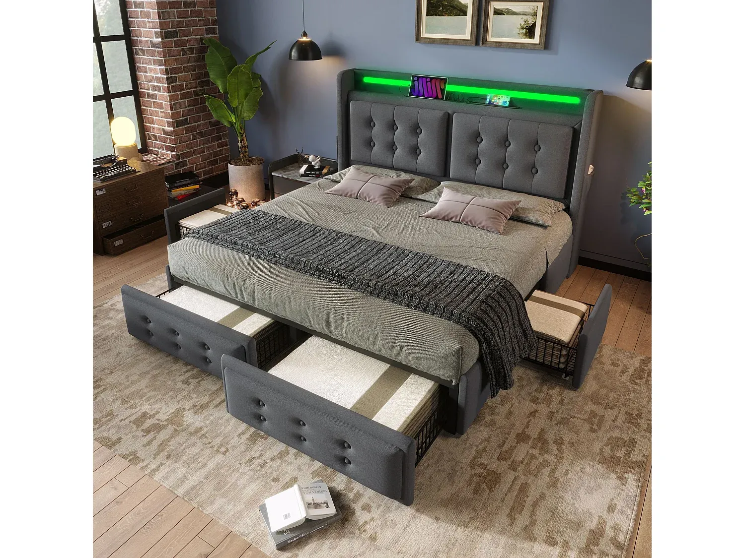 Modernes Doppelbett mit LED & USB C, Grau-Livavine