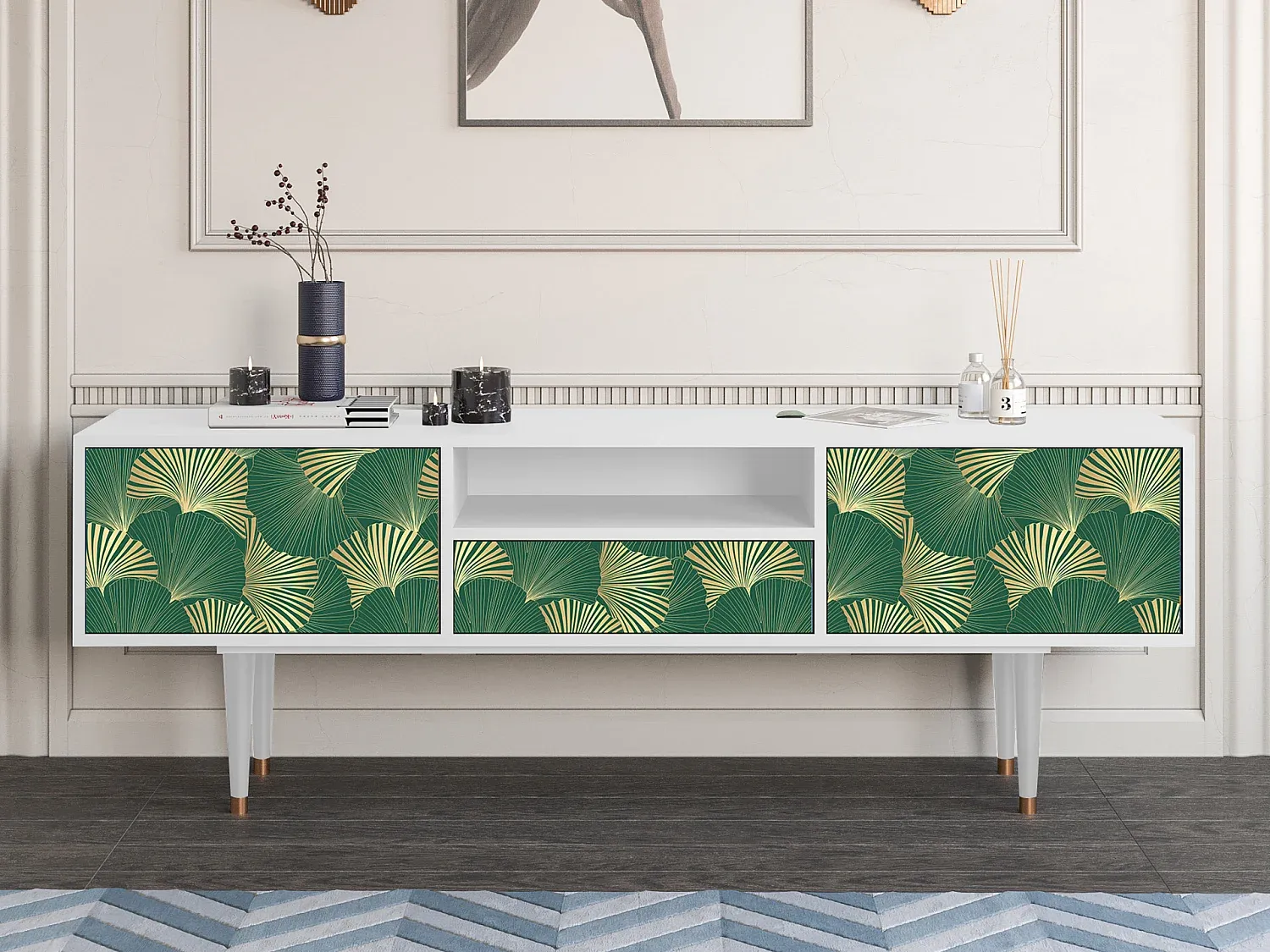 Elegantes TV-Möbel mit Schubladen und Ginkgo-Dekor-Livavine