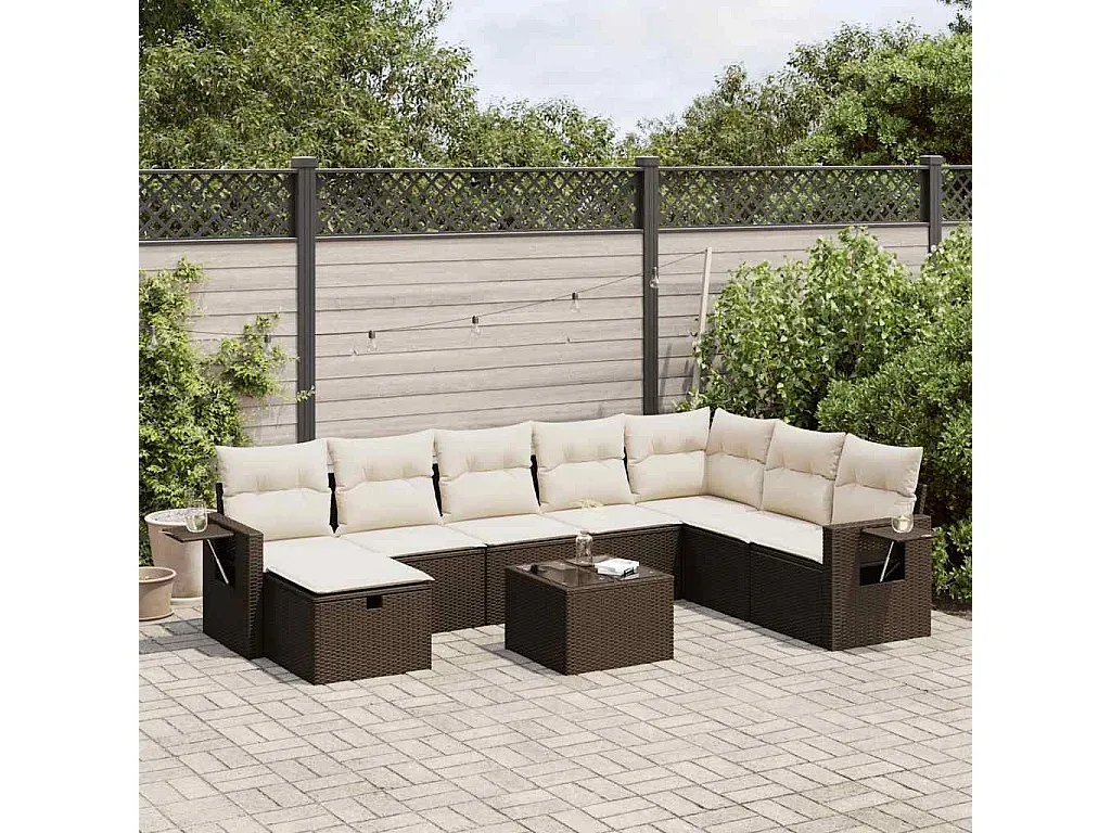 9-teilige Gartensitzgruppe mit Kissen aus Braunem Polyrattan-Livavine