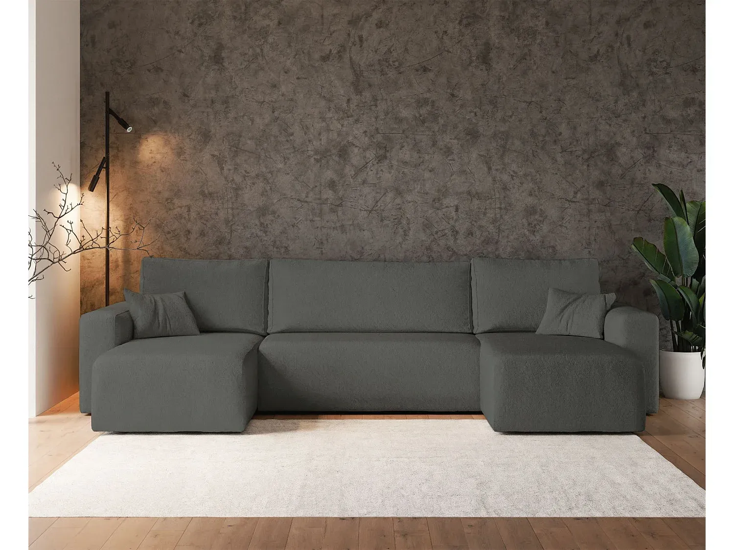Ecksofa mit Schlaffunktion und Stauraum, Bouclé-Bezug, dunkelgrau-Livavine