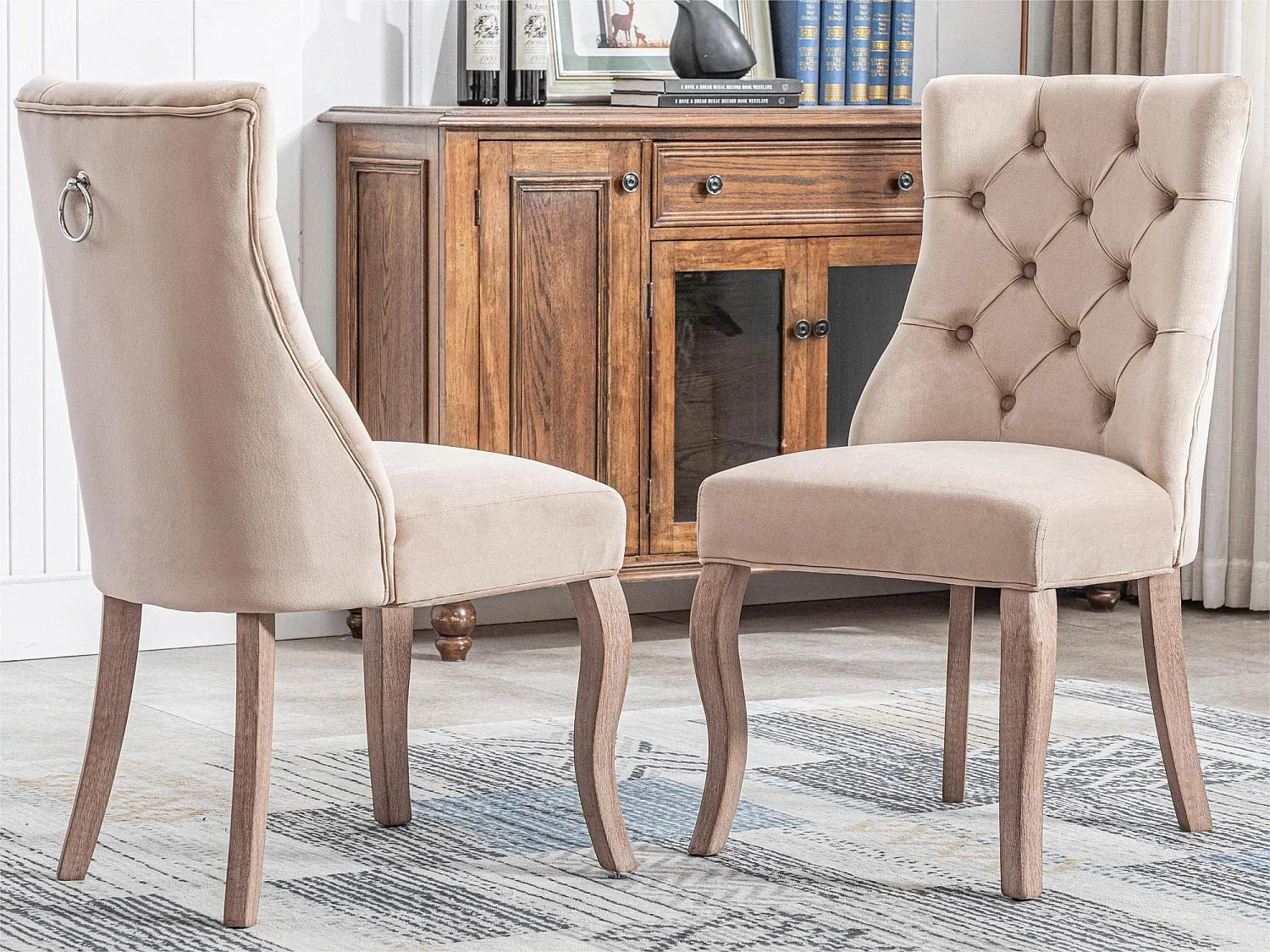 Esszimmerstühle aus Samt mit Knopfsteppung, 2er Set, Beige-Livavine