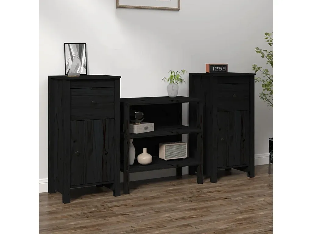 2er-Set Schwarze Sideboards aus Kiefernholz 40x35x80 cm-Livavine