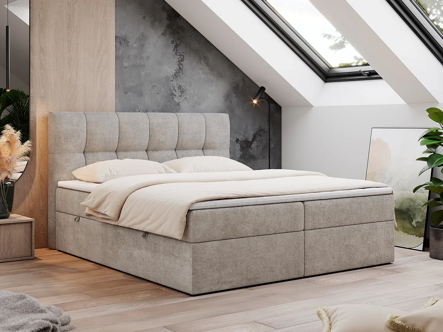 Hochwertiges Doppelbett mit Stauraum und Kopfteil - Beige, 120x200 cm-Livavine