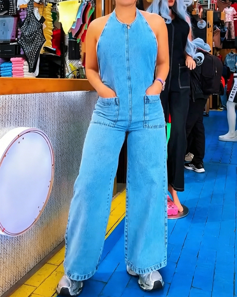 Women's Spring and Summer Denim Lace-up Jumpsuit