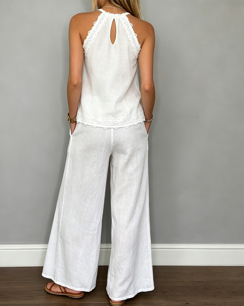 Women's Spring and Summer Comfortable Linen Lace Patchwork Top and Pants Two-Piece Set