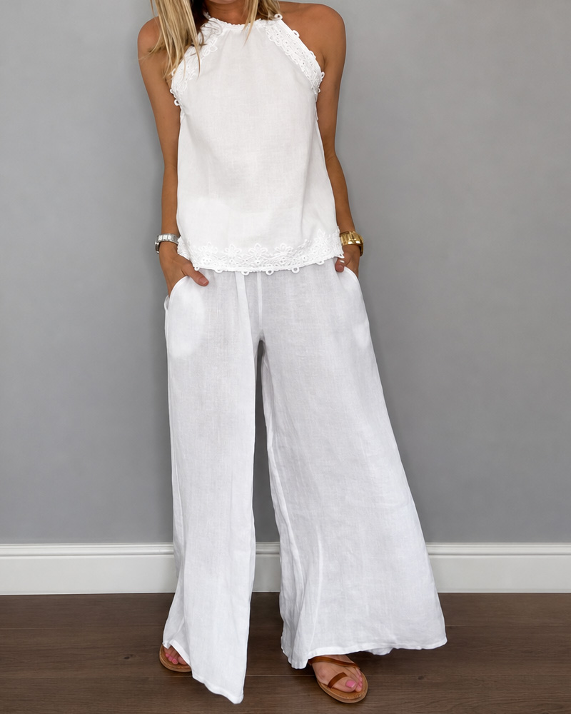 Women's Spring and Summer Comfortable Linen Lace Patchwork Top and Pants Two-Piece Set