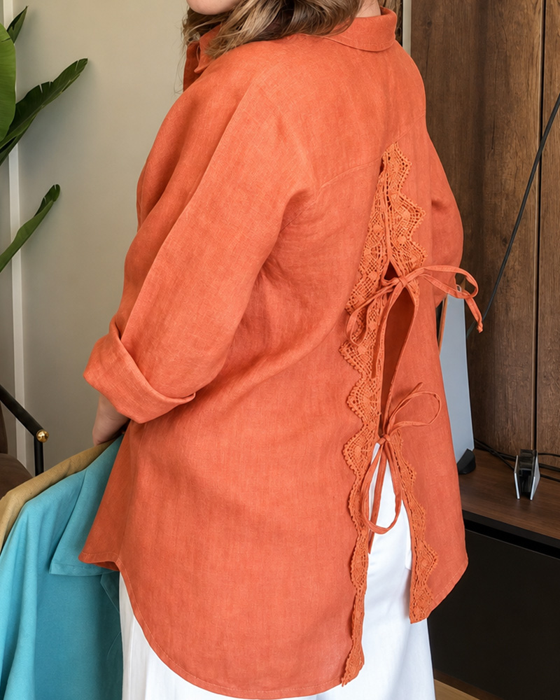 Women's Spring and Summer Comfortable Linen Shirt with Lace Cutout Back