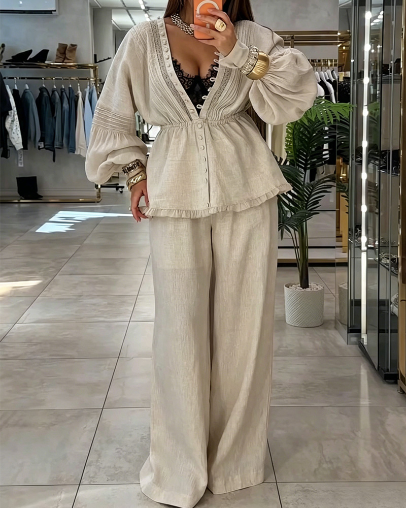 Women's Spring and Summer Comfortable Linen Top and Pants Two-Piece Set