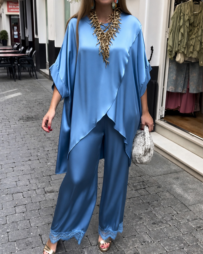Casual Satin Irregular Top and Pants Two-Piece Set