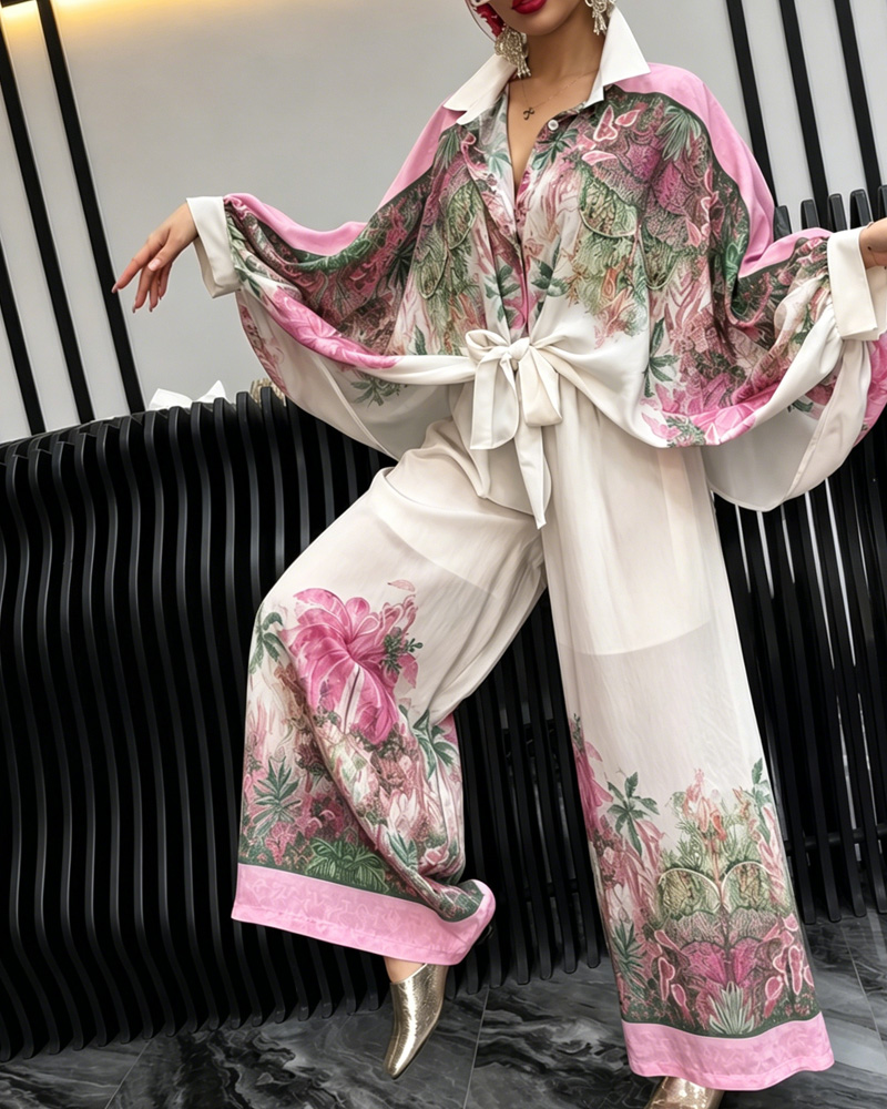 Casual Floral Pattern Collared Loose Lapel Two-Piece Set