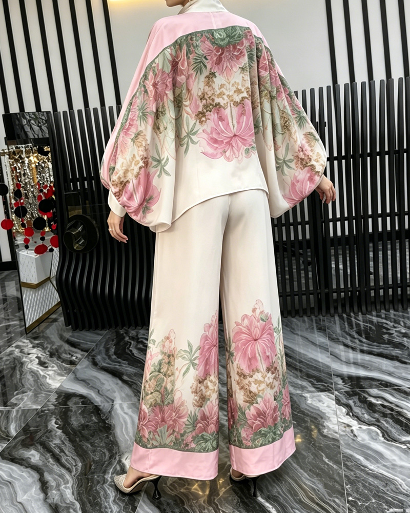 Casual Floral Pattern Collared Loose Lapel Two-Piece Set